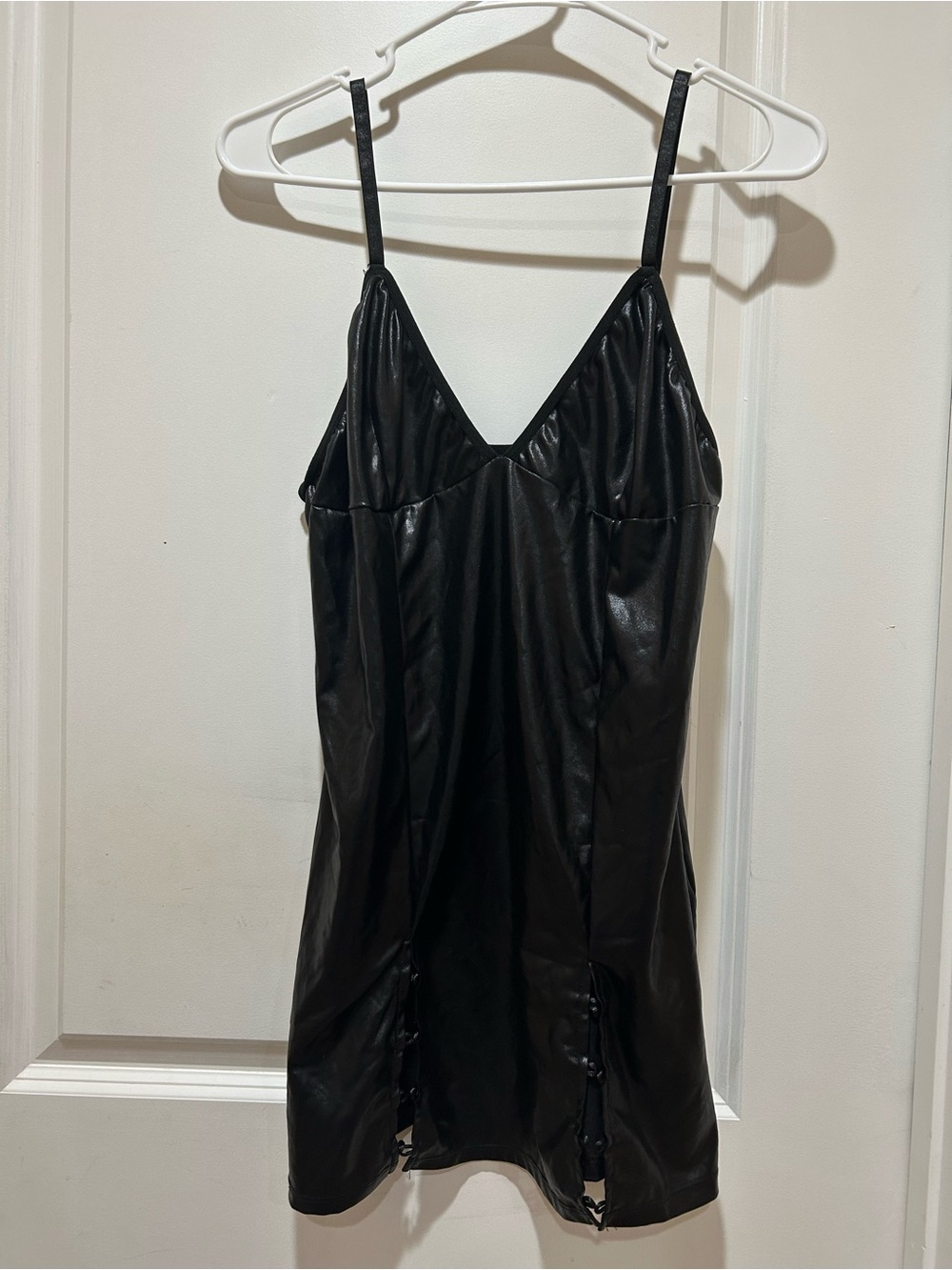Black Faux Leather Slip Dress with Spaghetti Straps